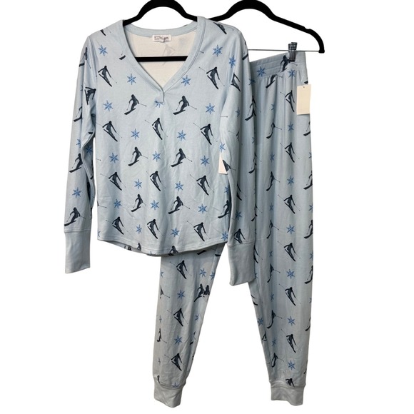 PJ Salvage Ski Skier Snowflake Pajama Set Women's M Blue Cozy Lounge Sleep (A) - Picture 1 of 7